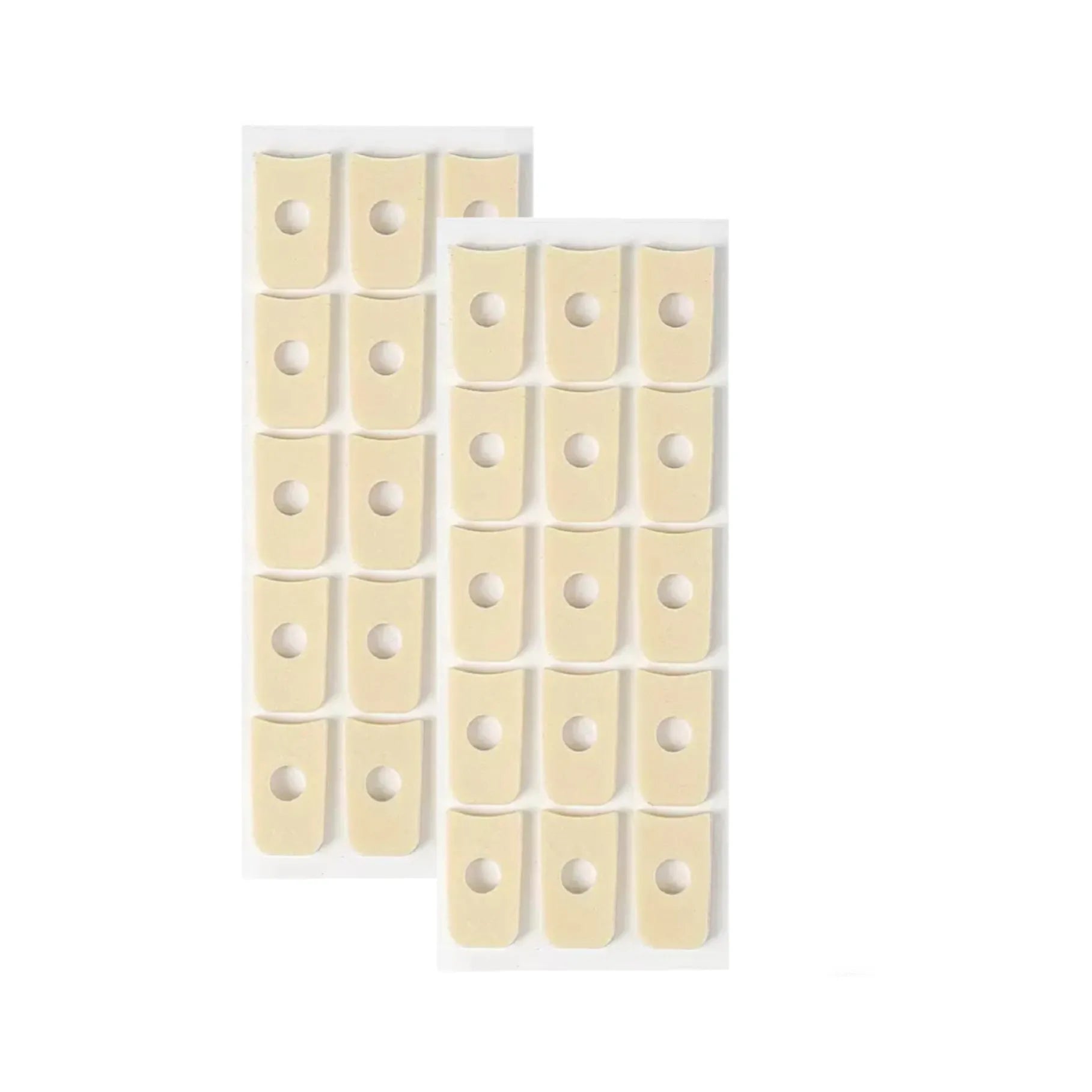 Pack of women's heel corn protectors showing large oval, small oval, U-shaped, and circular section PU pads.