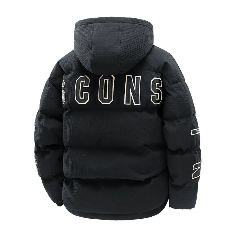 Men's black Korean-style padded coat with hood and letter print, side seam pockets visible
