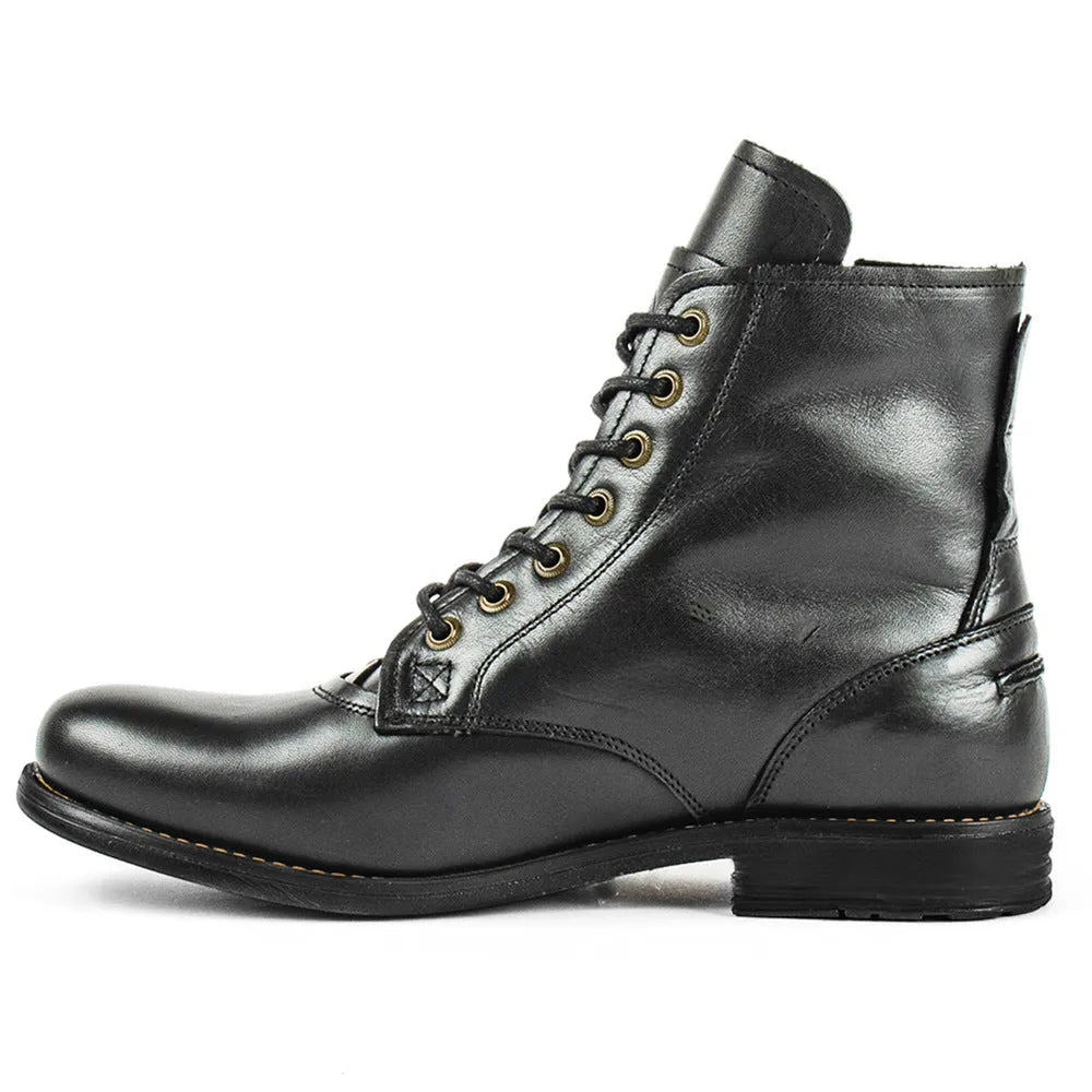 Knight Series two-tone leather boots with side zipper in black colour showing low heel and mature styling
