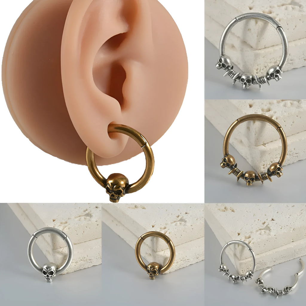 Copper punk earrings with antique silver finish and ghost head design