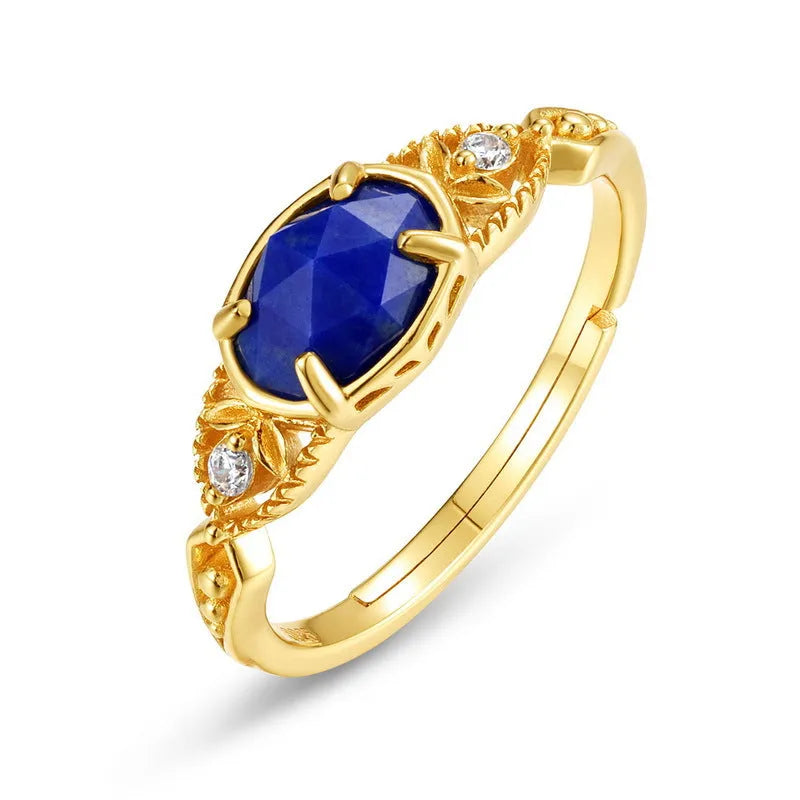 Silver geometric women's ring with oval blue lapis lazuli stone, Japanese style design