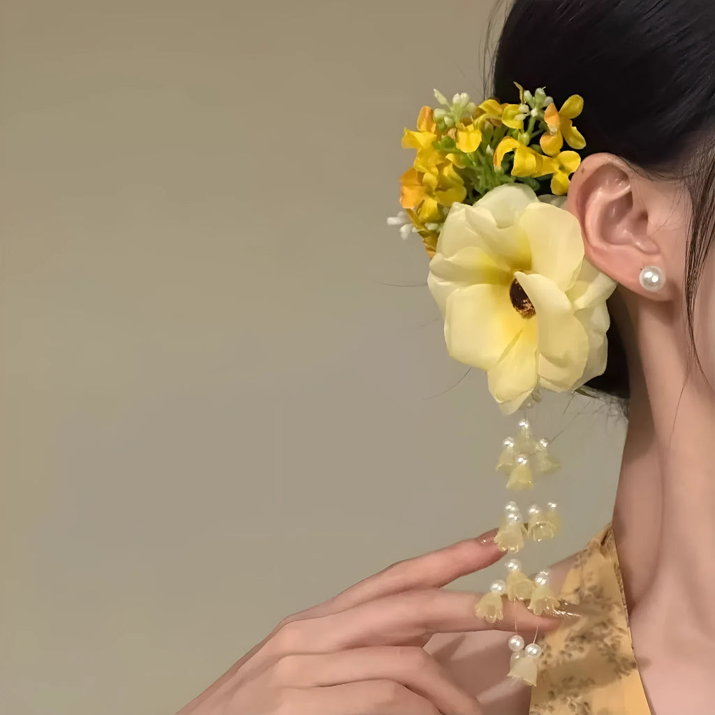 Yellow flower tassel hair clip with pearl beads and metal side clip