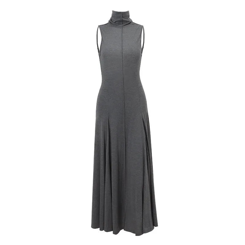 Grey women's slim-fit cotton dress with half turtleneck and backless design.