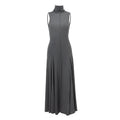 Grey women's slim-fit cotton dress with half turtleneck and backless design.