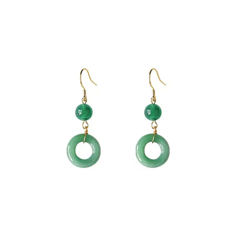 Green jade design peace buckle shape earrings for Han Chinese clothing with geometric shape and 14K gold plating