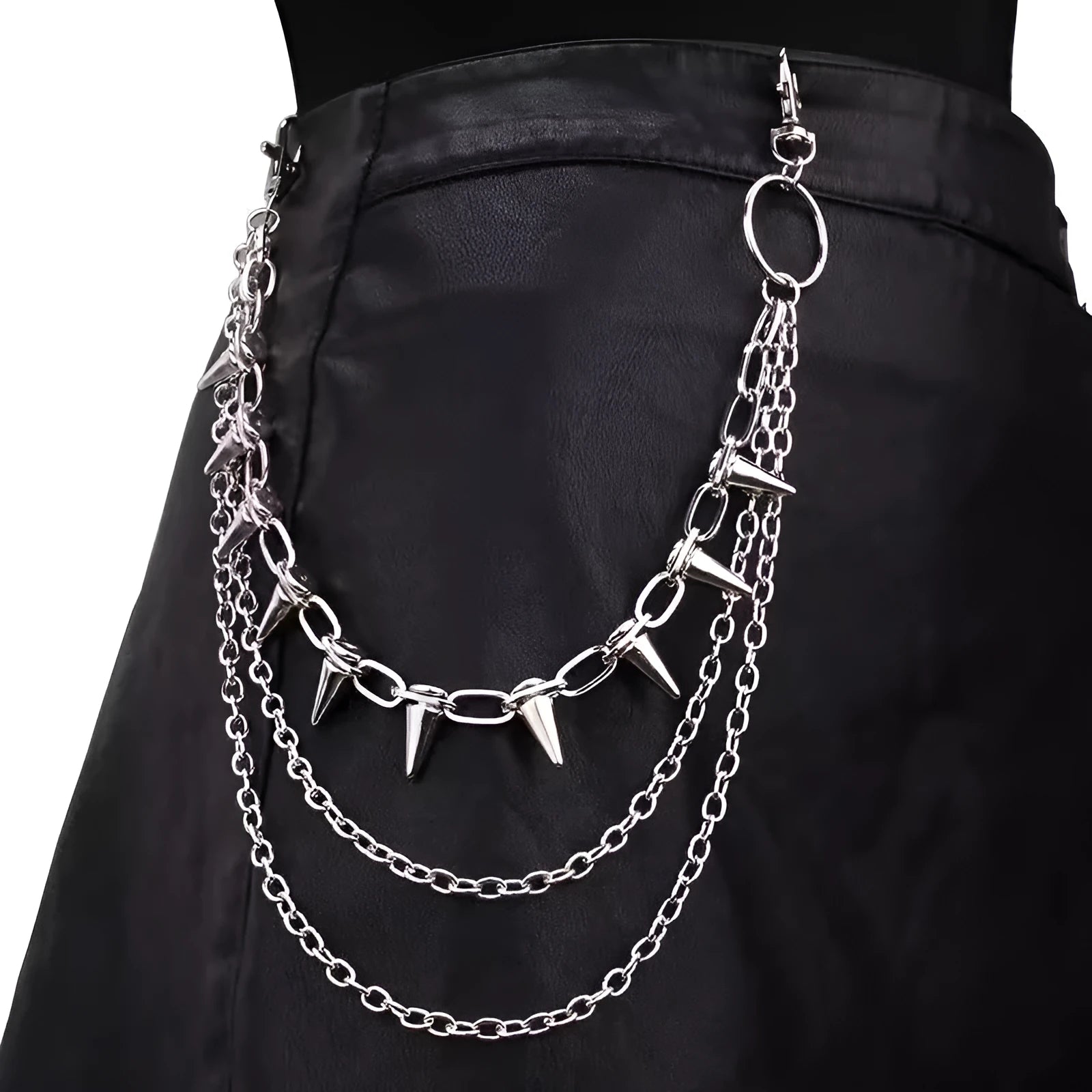 Silver metal double-layer pants chain with rivet detailing measuring 115cm length