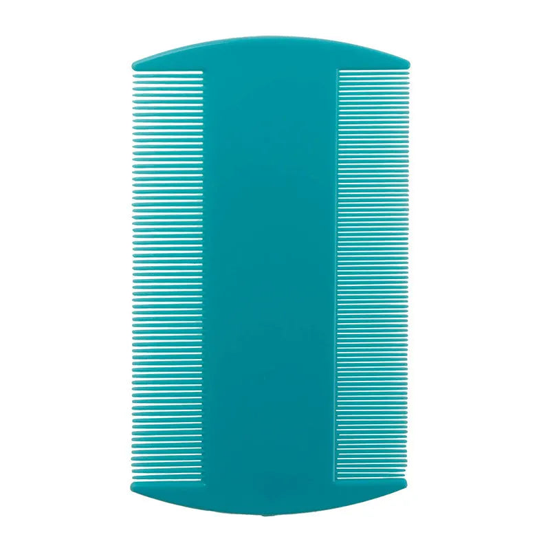 Double-sided fine tooth plastic comb for lice and fleas in various colours on a white background.