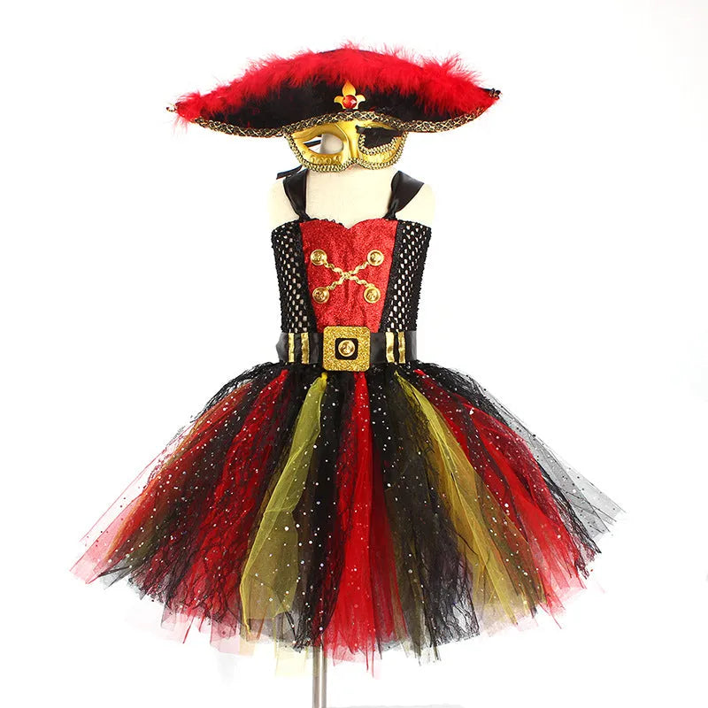 Black pirate costume dress for girls with sequin details and gauze mesh sleeves