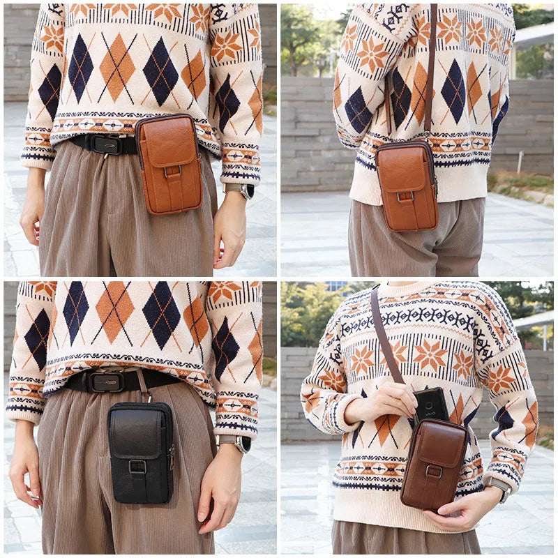 Men's genuine leather crossbody waist bag with lock detail and vertical square design in dark brown