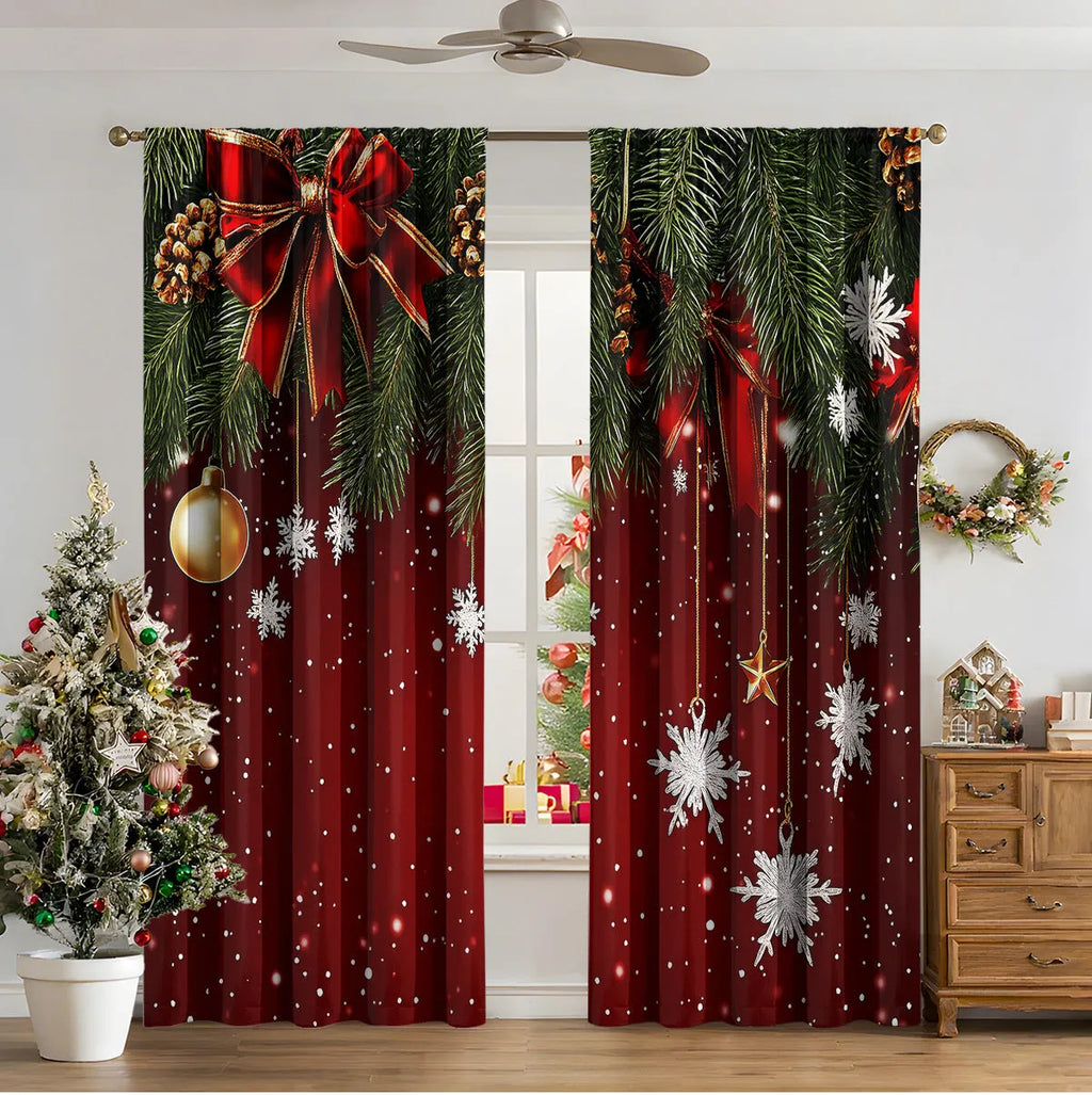 3D digitally printed Christmas curtain panel hanging on a window, showing festive pattern and polyester fabric texture.