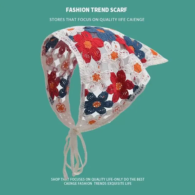 Women's cotton triangular headscarf with floral pattern, shown in beige blue little daisy design.