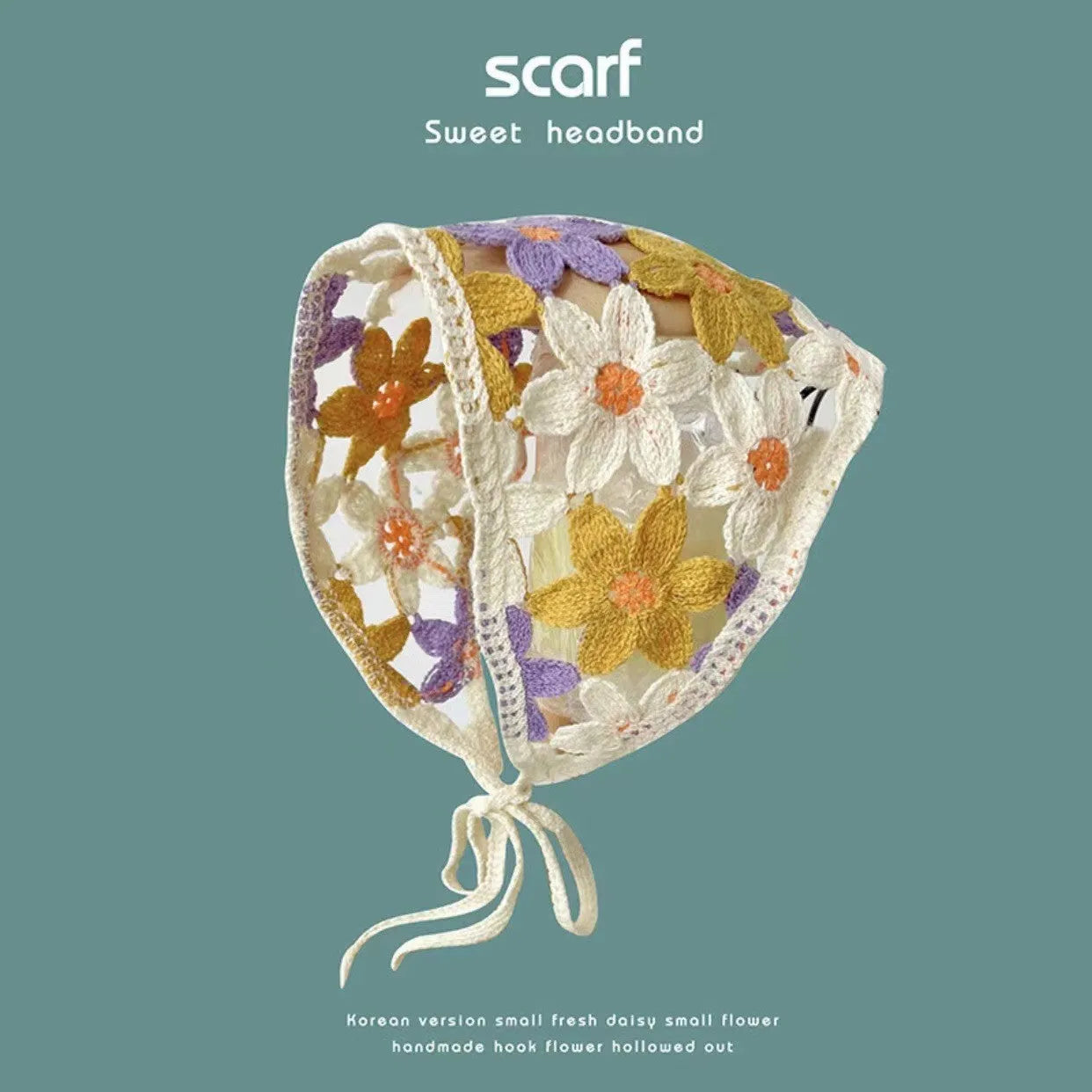 Women's cotton triangular headscarf with floral pattern, shown in beige blue little daisy design.