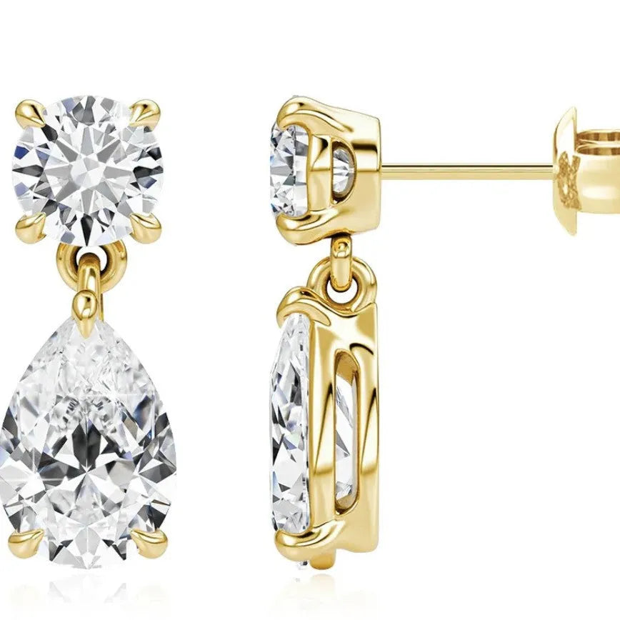 Sterling silver moissanite stud earrings with round and water drop stones in gold or silver plating