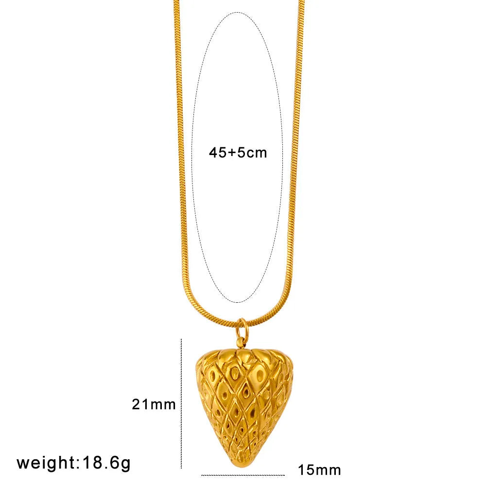 Stainless steel fruit pendant necklace showing colour options apple, grape, watermelon, banana, pineapple, strawberry.