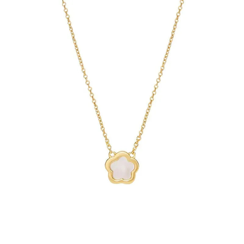 Mother of pearl shell flower necklace with gold or silver finish on O-shaped chain