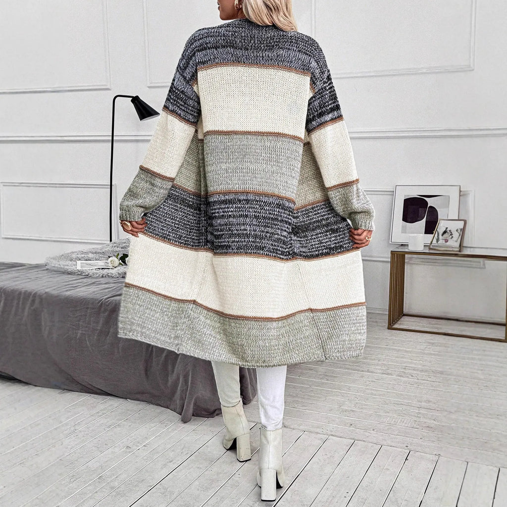 Grey striped knitted cardigan with loose fit and long sleeves