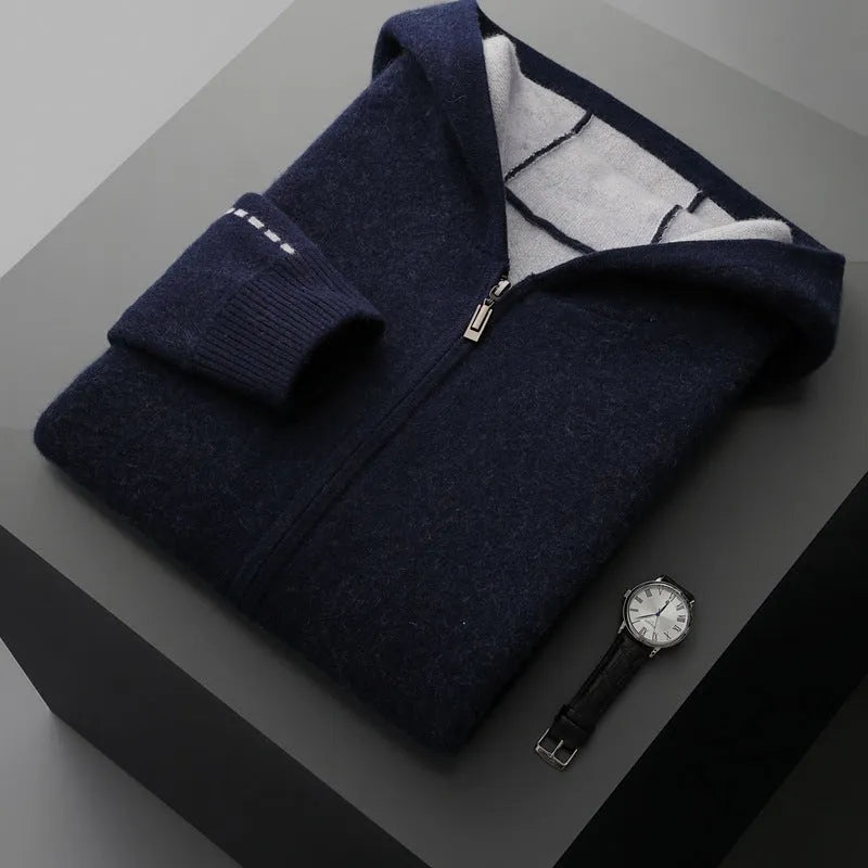 Men's dark blue cashmere cardigan with half-high collar and zip front