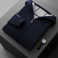 Men's dark blue cashmere cardigan with half-high collar and zip front