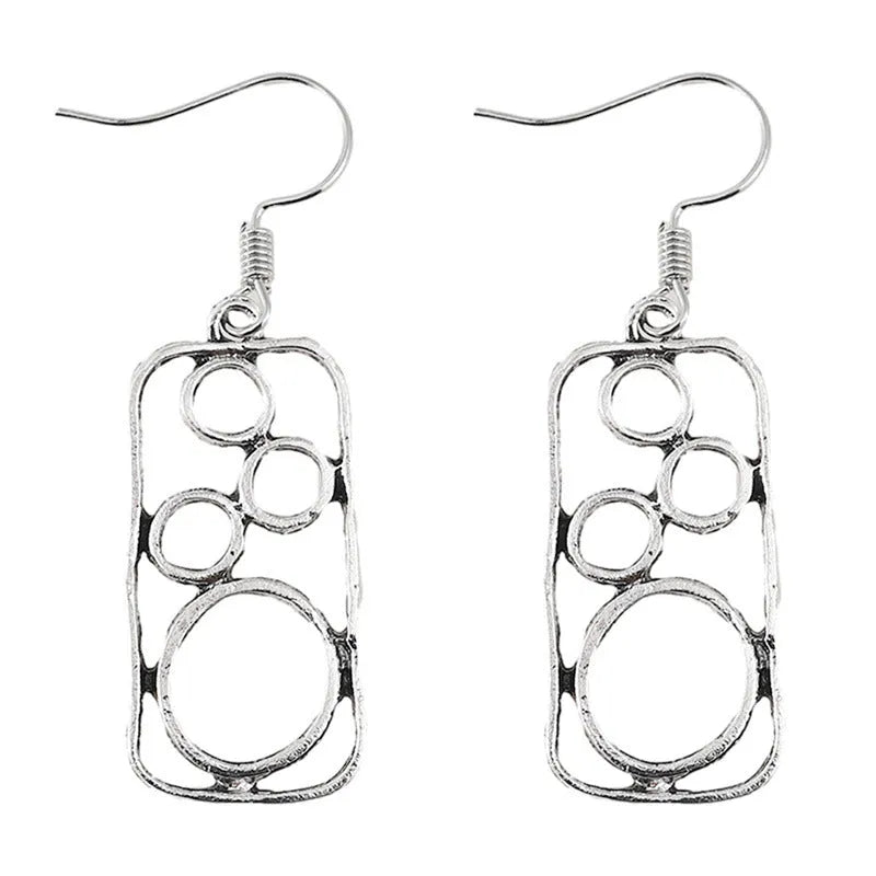 Geometric irregular square earrings within circular ring, antique silver finish on zinc alloy