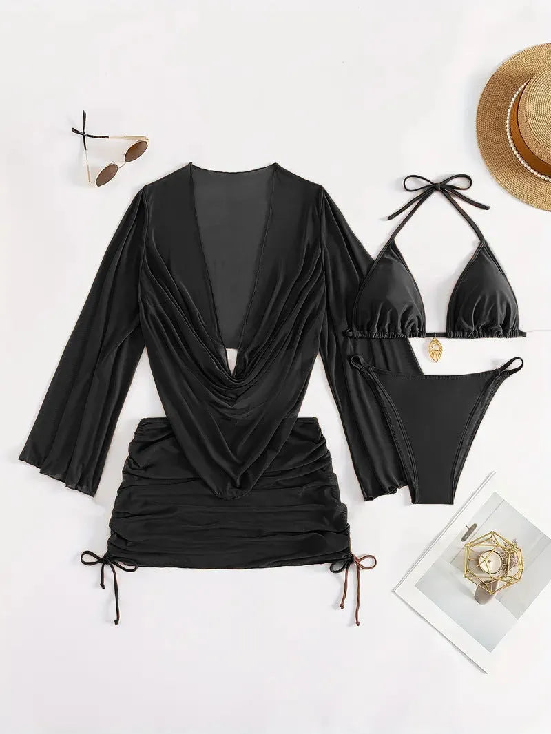 Dark brown lace-up backless women's bikini swimsuit set on a mannequin.