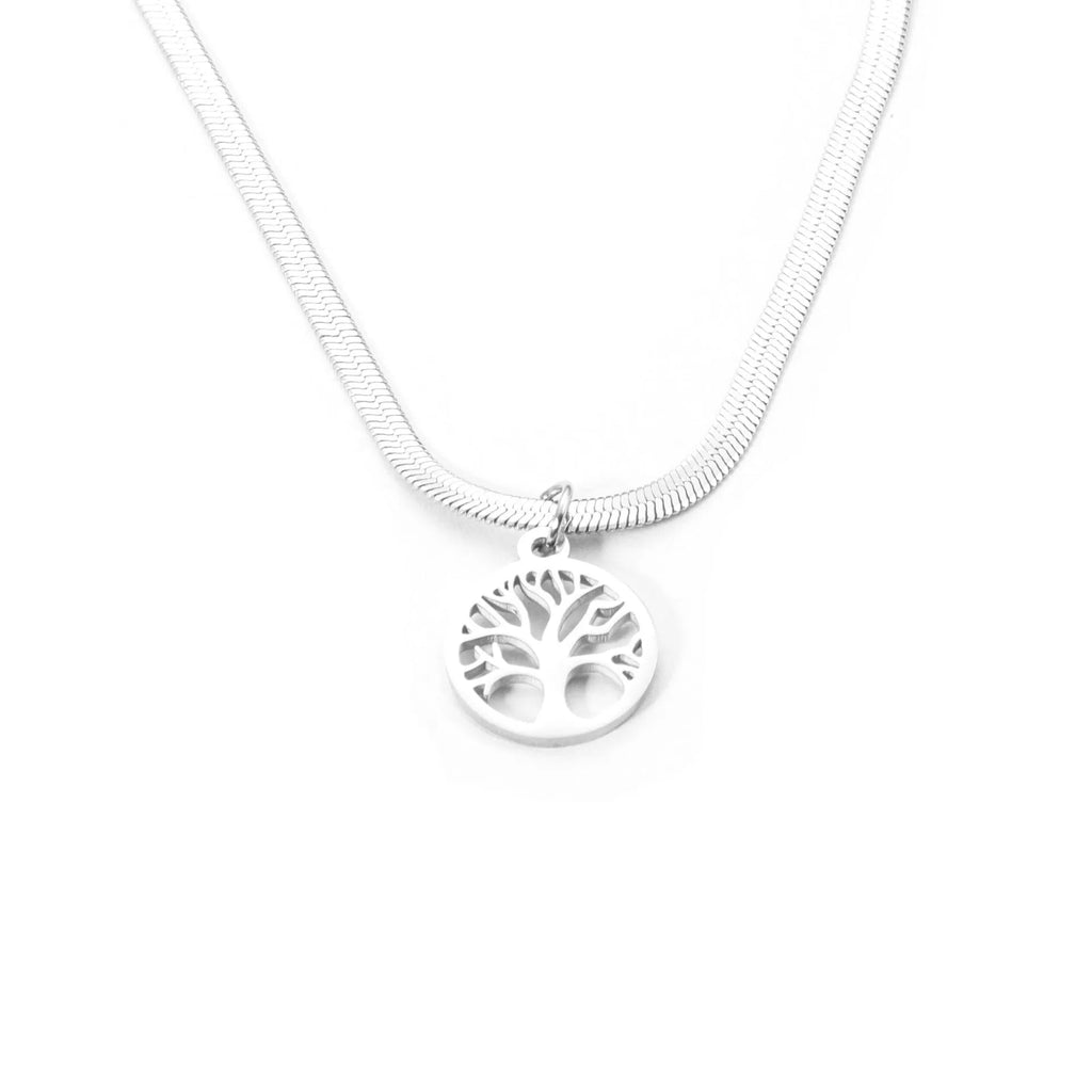 Adjustable tree pendant necklace on snake bone chain in gold or steel colour