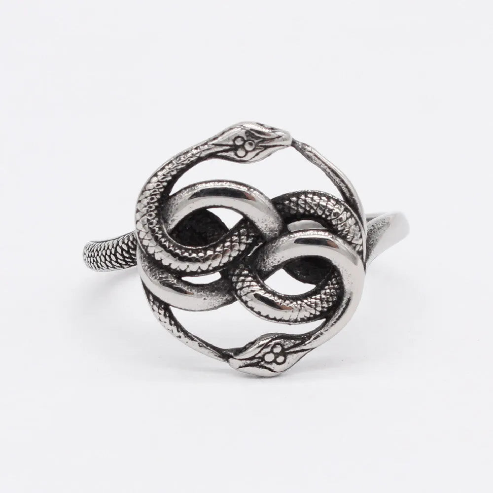 Retro style titanium steel double snake ring in steel colour on size chart