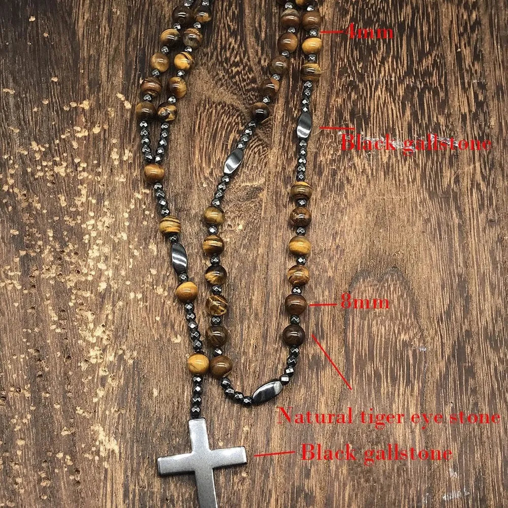 Men's stone geometric cross pendant on an 80cm ball bead chain with safety lock.
