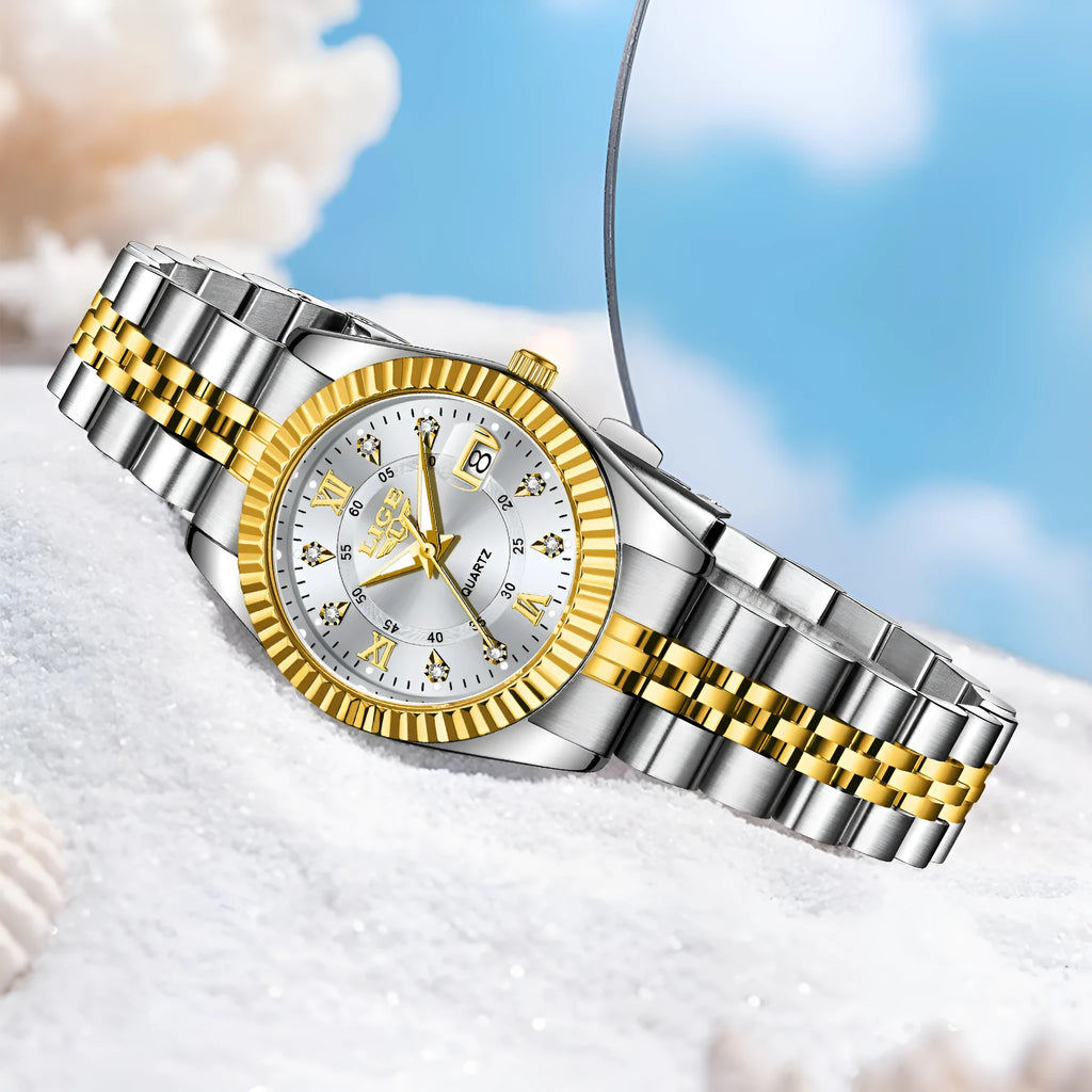 Women's waterproof quartz fashion watch with 10mm thickness in gold, silver, and metallic colour variations