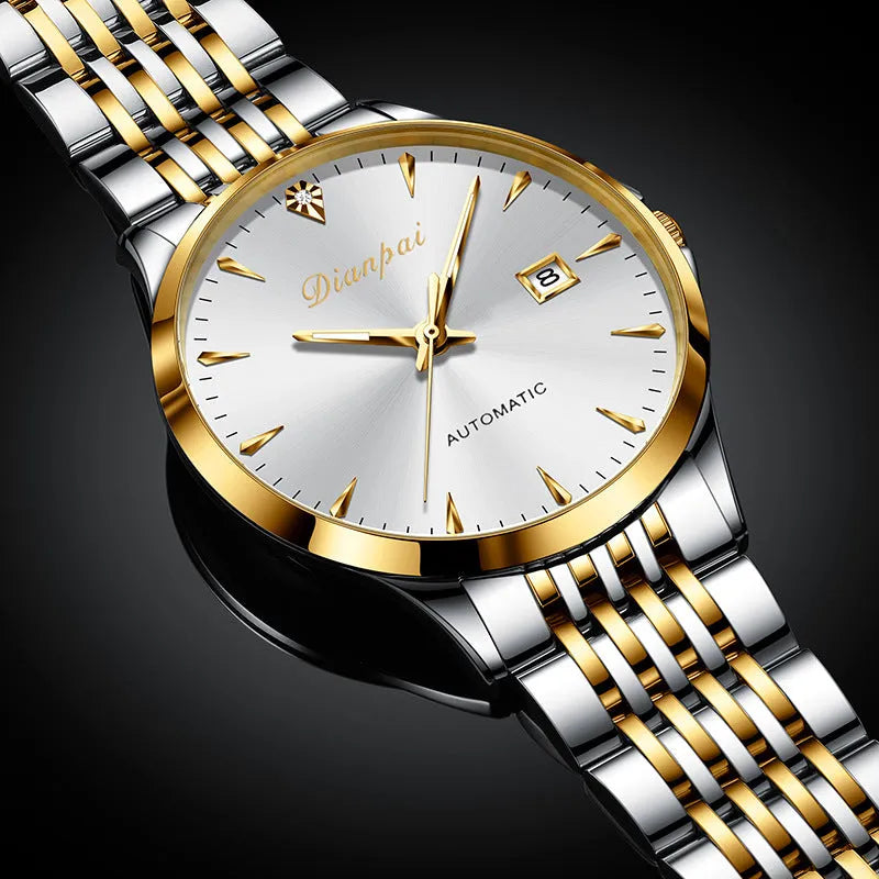 Men's automatic mechanical watch with stainless steel case and strap on simple dial