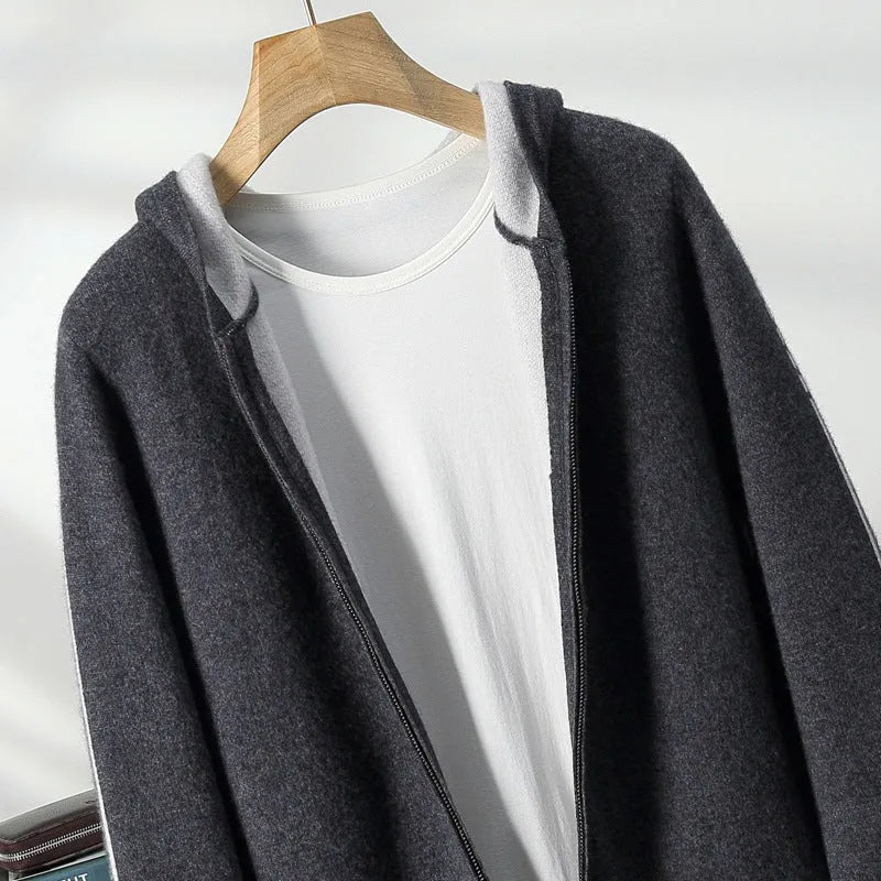 Men's dark blue cashmere cardigan with half-high collar and zip front