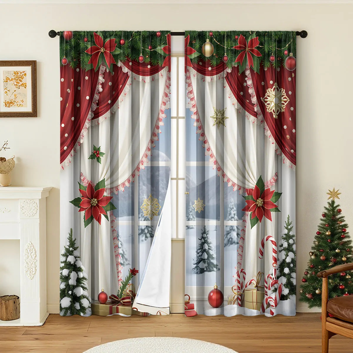 Pair of red and green 3D digitally printed Christmas themed polyester curtains hanging on a window.