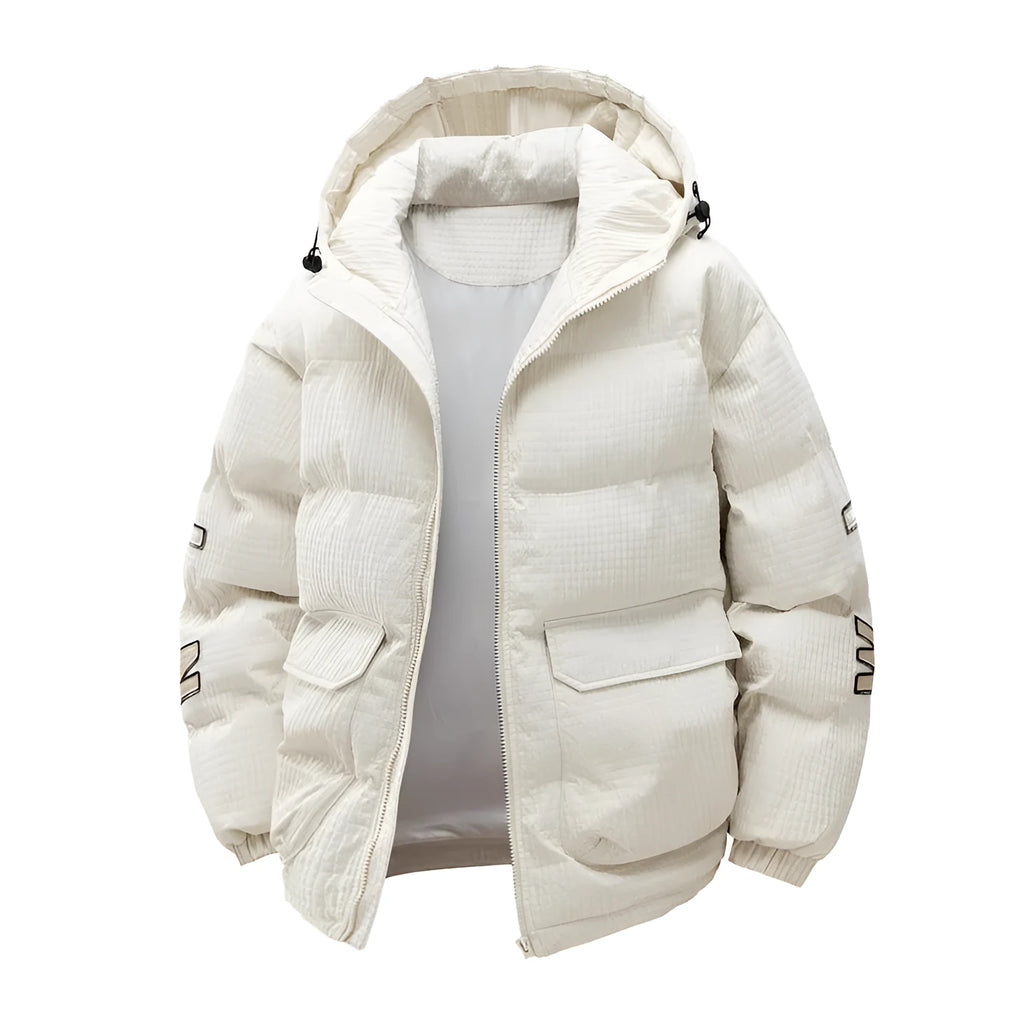 Men's black Korean-style padded coat with hood and letter print, side seam pockets visible