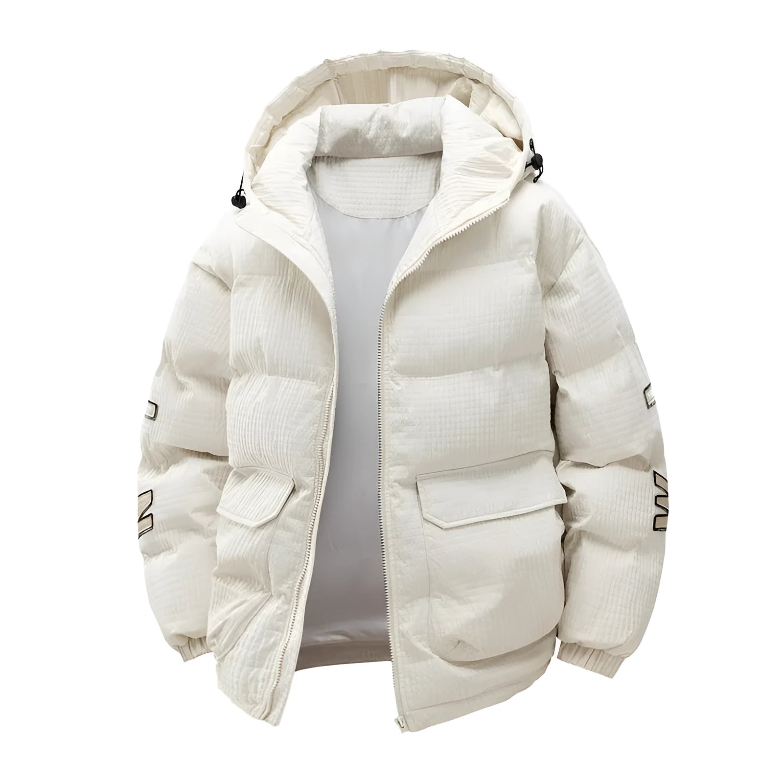 Men's black Korean-style padded coat with hood and letter print, side seam pockets visible