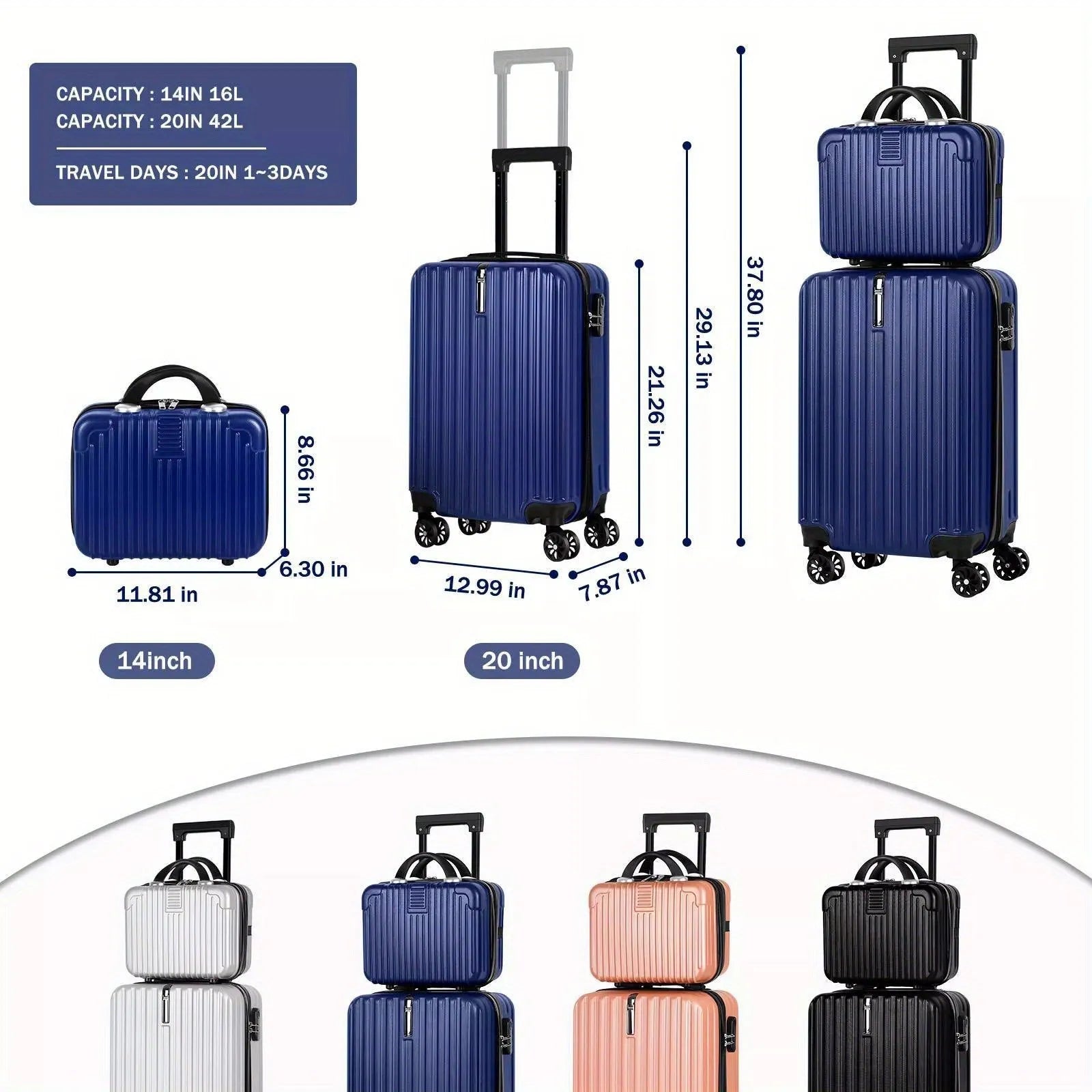 Aluminium alloy luggage and mini box travel set showing 14-inch and 20-inch matching trunks.