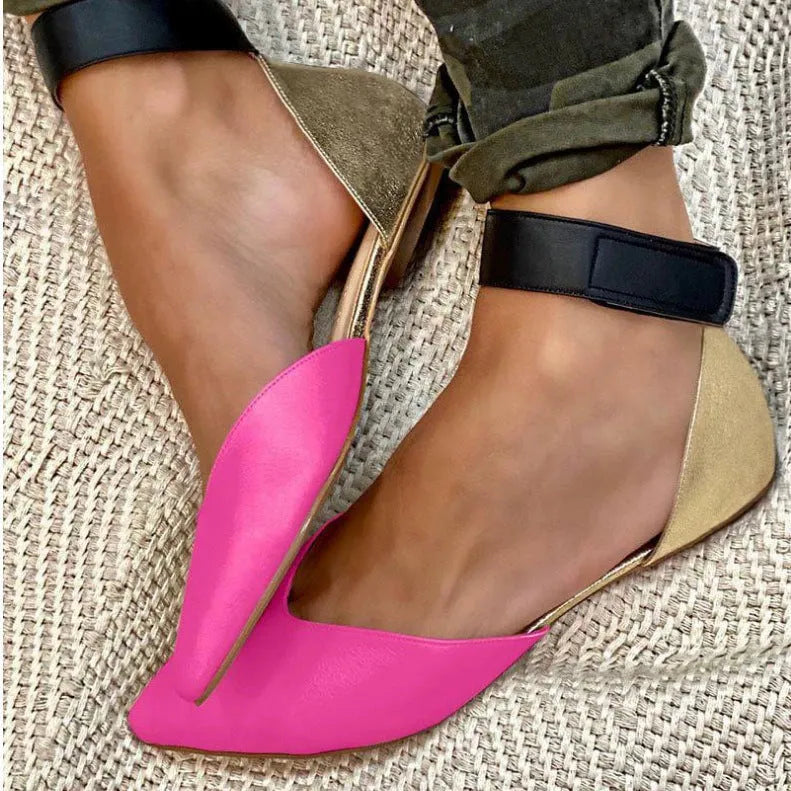 Women's flat heel sandals with hollowed design and Velcro strap in beige PU.