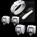 White PU sponge bondage restraint set showing handcuffs, footcuffs and neck cuff accessories