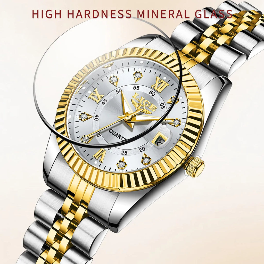 Women's waterproof quartz fashion watch with 10mm thickness in gold, silver, and metallic colour variations