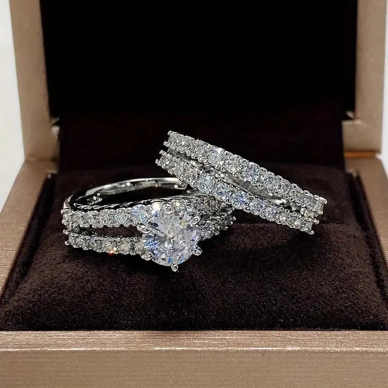2 in 1 women's ring set showing fashion and fully jewelled geometric bands in silver, gold and rose gold colours