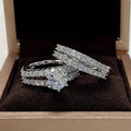 2 in 1 women's ring set showing fashion and fully jewelled geometric bands in silver, gold and rose gold colours