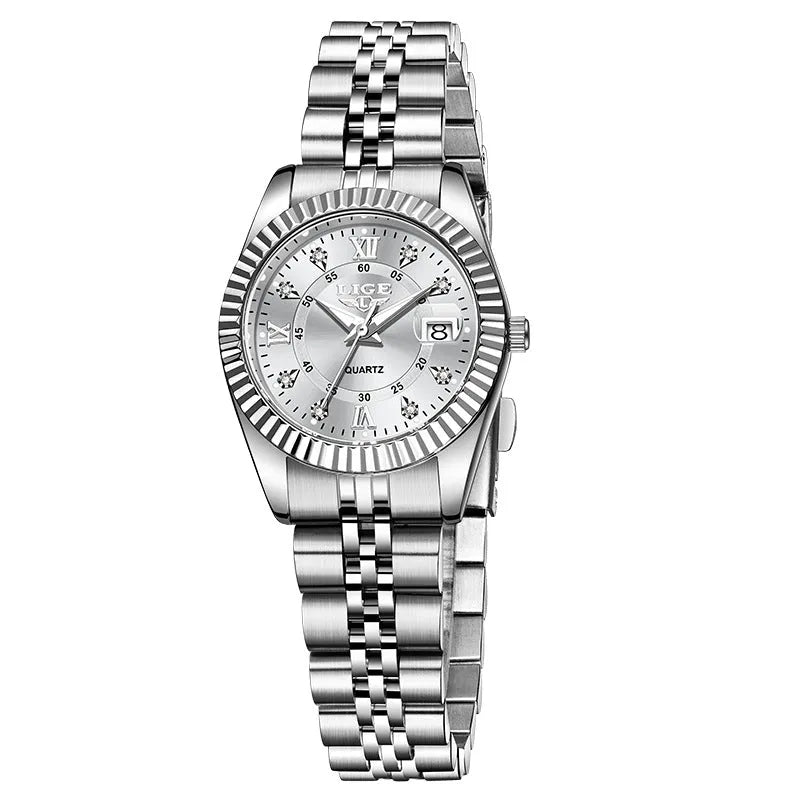 Women's waterproof quartz fashion watch with 10mm thickness in gold, silver, and metallic colour variations