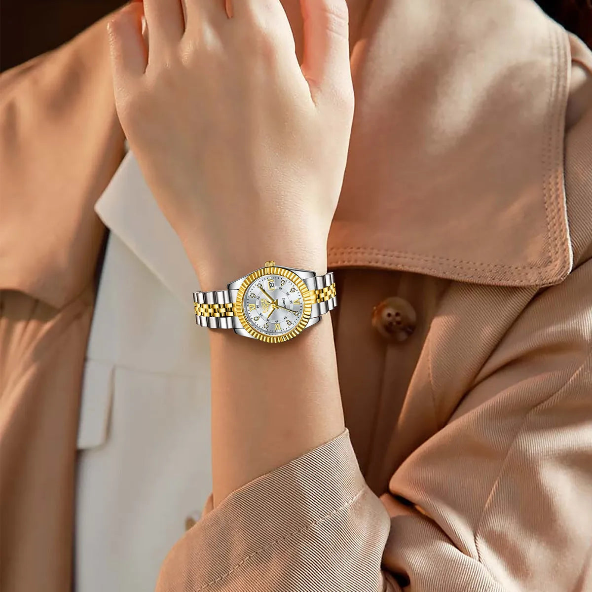 Women's waterproof quartz fashion watch with 10mm thickness in gold, silver, and metallic colour variations
