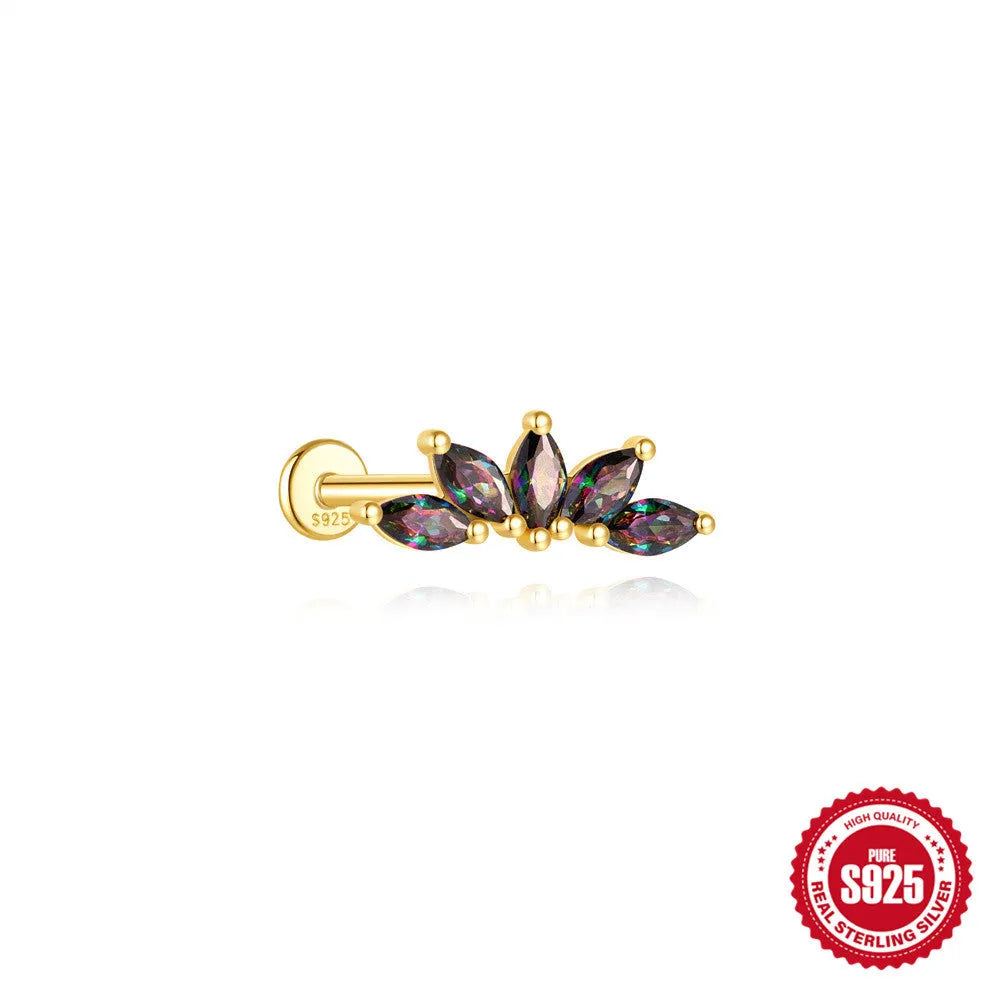 S925 sterling silver flat head thread piercing earring with rainbow stone on geometric setting.