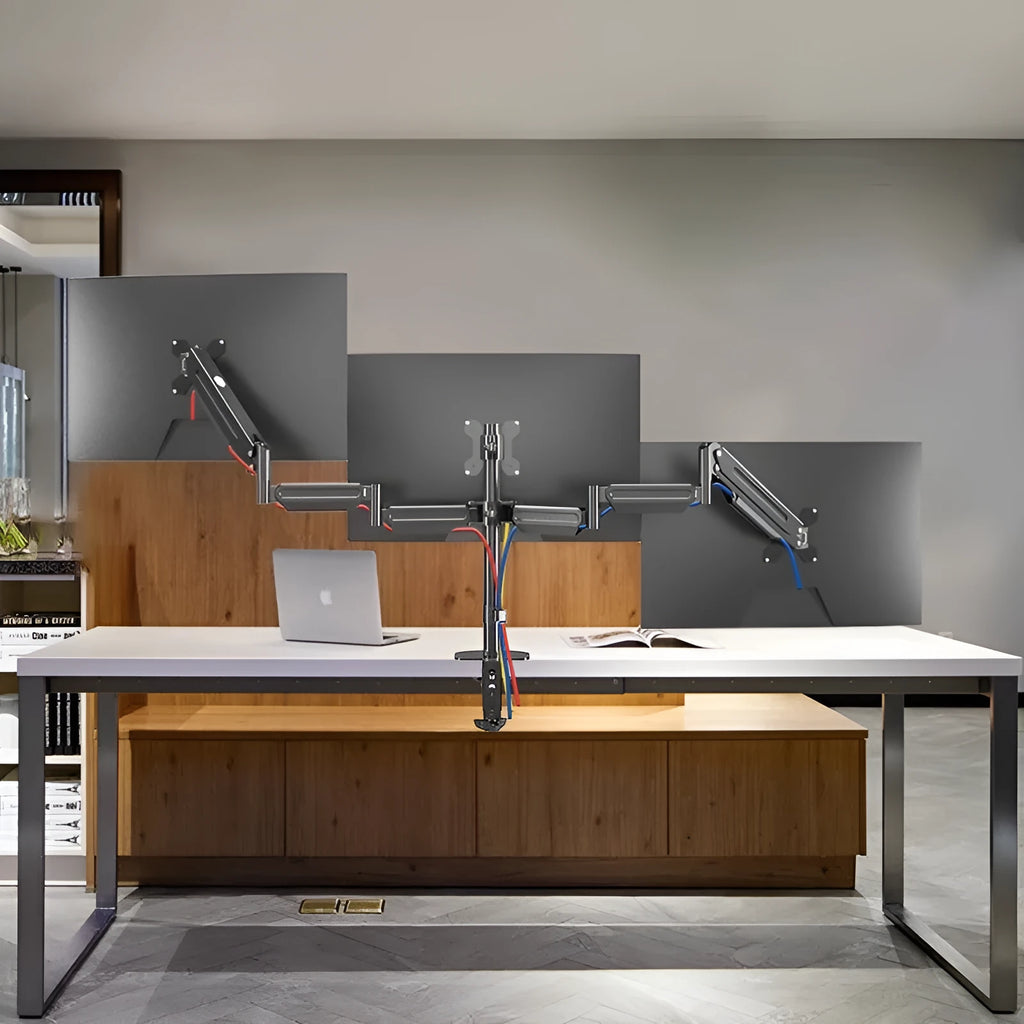 Three-screen monitor stand with dual air pressure arm and cold rolled steel construction