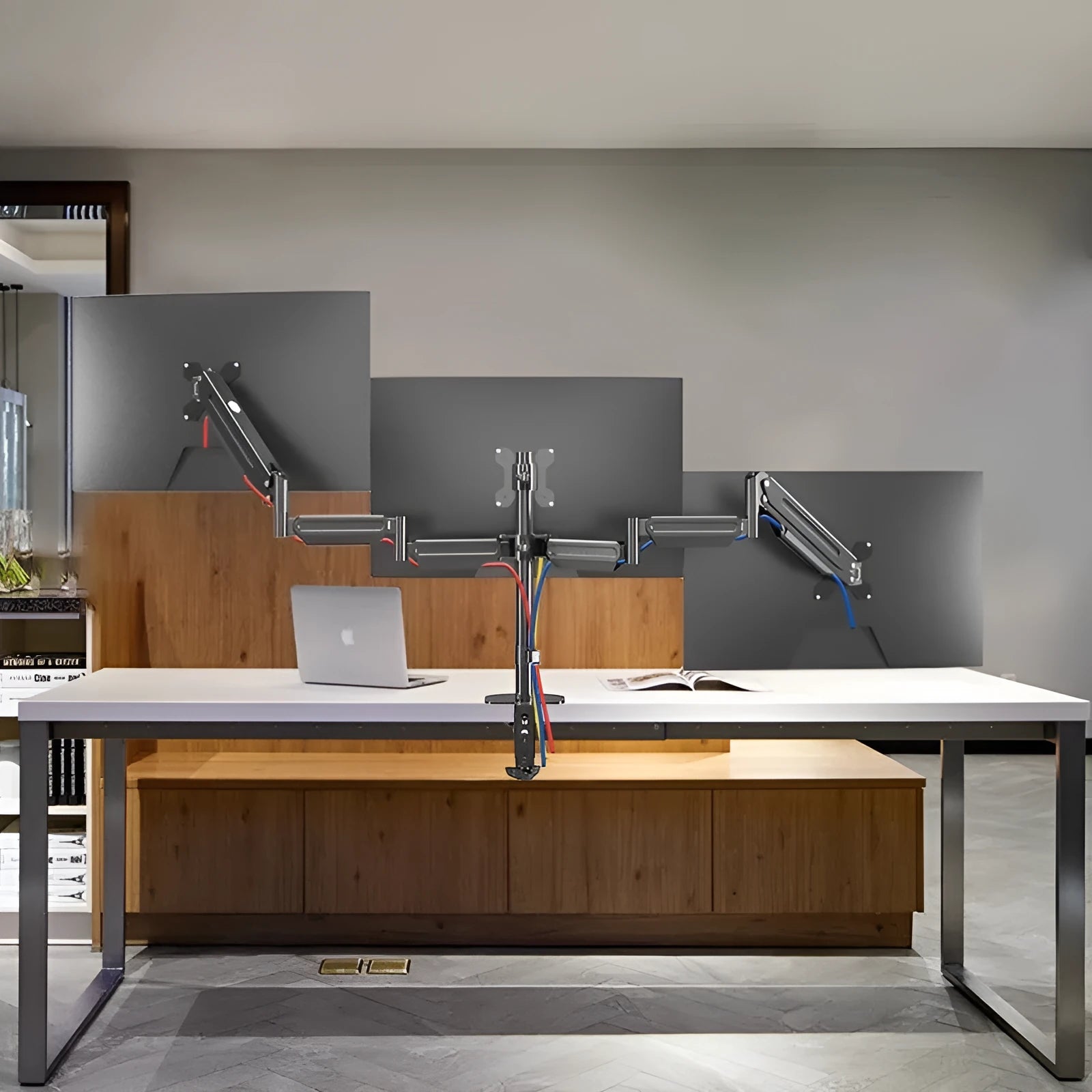 Three-screen monitor stand with dual air pressure arm and cold rolled steel construction