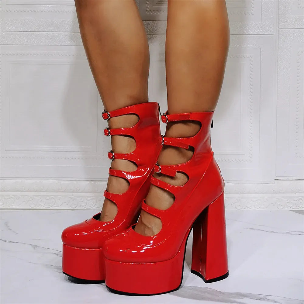 Women's black patent leather platform high heels with a thick heel and buckle-fastened serpentine belt.