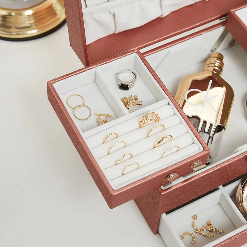 European style PU leather jewellery storage box in black, pink, rose gold or beige