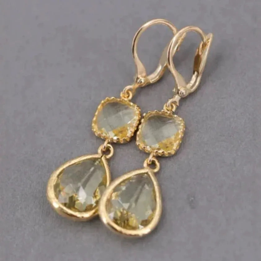 Gold retro geometric long fringe earrings with crystal water droplets on copper construction