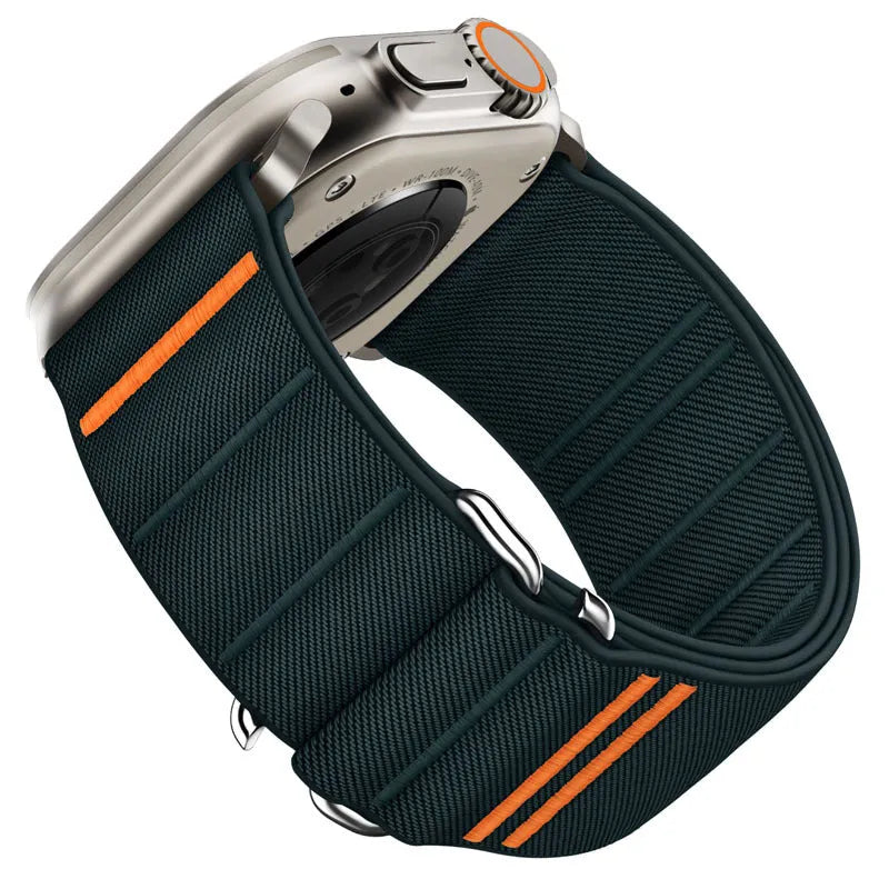 Elastic nylon Apple Watch band with stainless steel buckle shown in multiple colour options