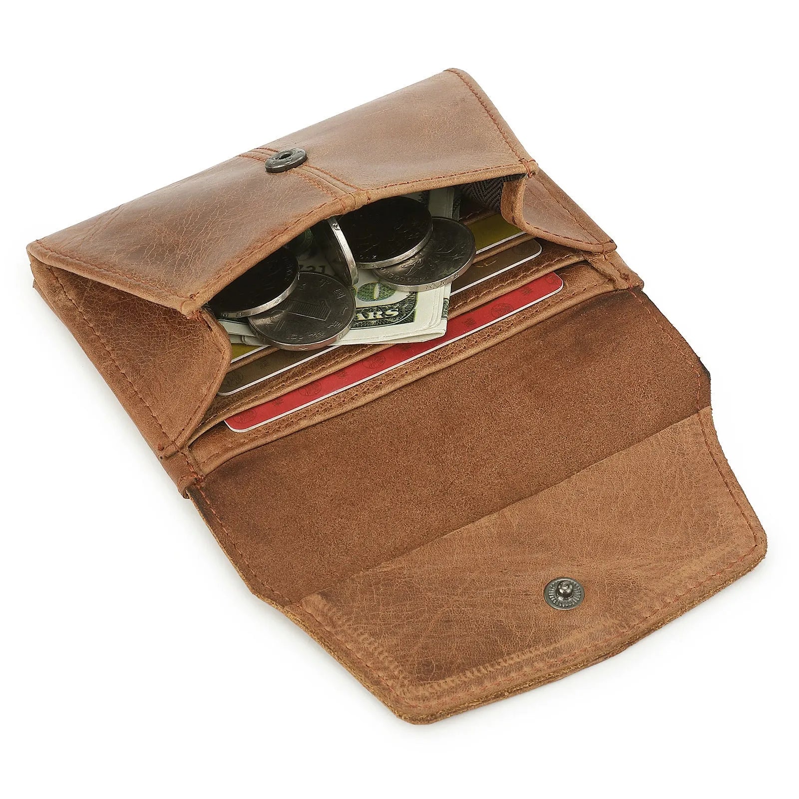 Cowhide leather coin purse in retro style with stitching and lock details