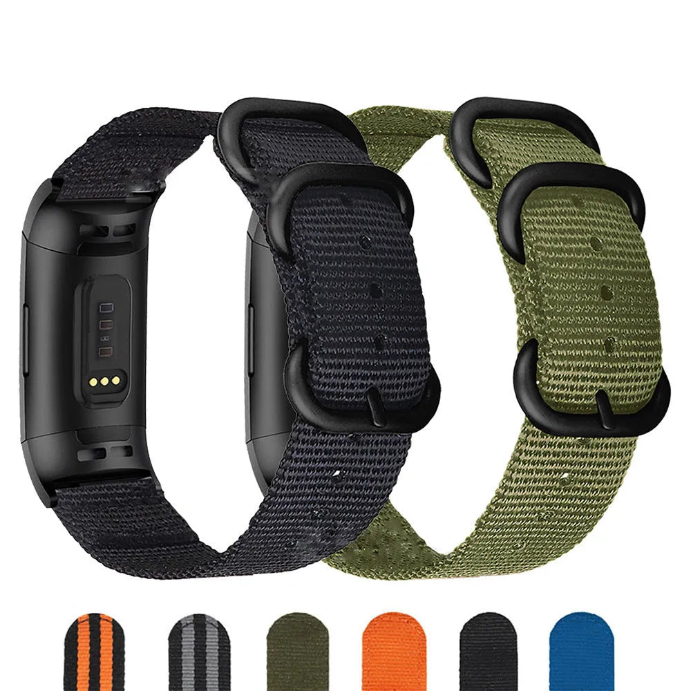 Nylon three-ring buckle replacement strap for Fitbit Charge 3 fitness tracker in multiple colours.